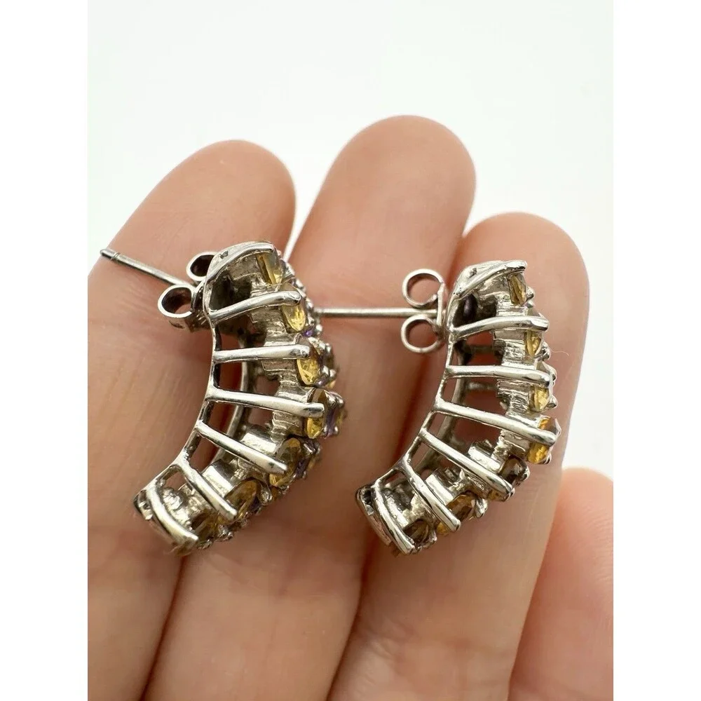 925 Sterling Silver Citrine Amethyst Earrings Half Hoop Post